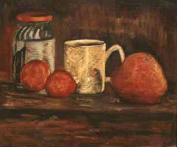 still life with apple and glass jar